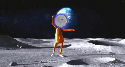 a cartoon character is standing on the moon holding the earth in his hands