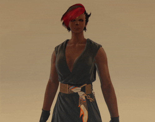 a woman with red hair is wearing a black top with a plunging neckline