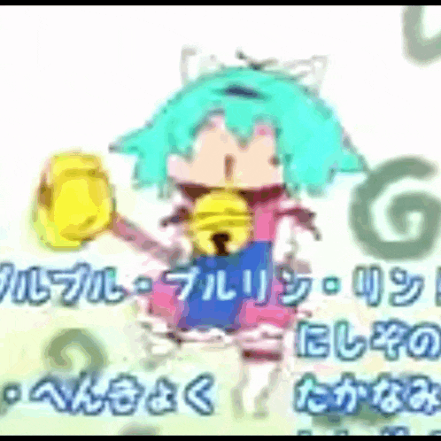 a cartoon girl with green hair is holding a bell and a yellow object ..