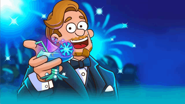 a cartoon of a man in a tuxedo holding a drink with a snowflake in it