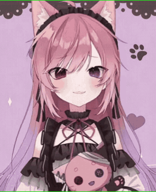 a girl with pink hair and purple eyes is wearing a cat costume and holding a stuffed animal .
