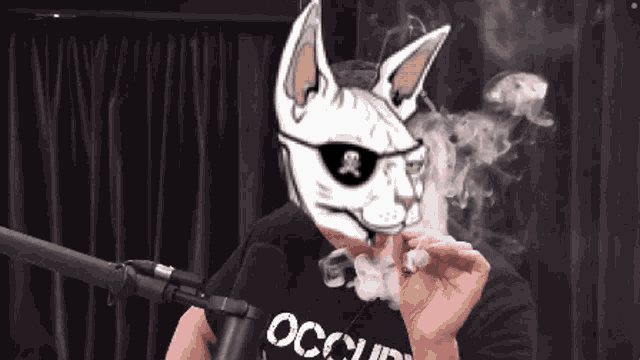a man wearing a black shirt that says occupied smoking a cigarette