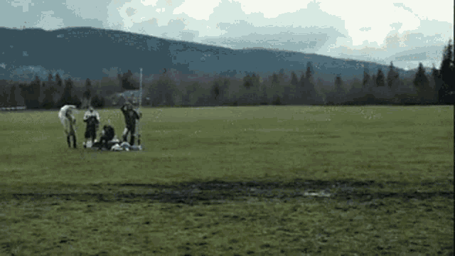 a group of people in a field with mountains in the background