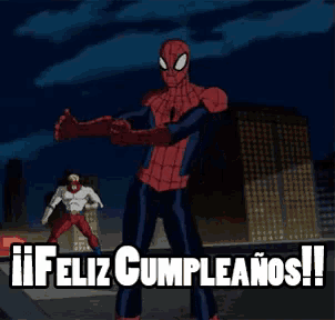 a cartoon of a man in a spiderman suit saying feliz cumpleaños