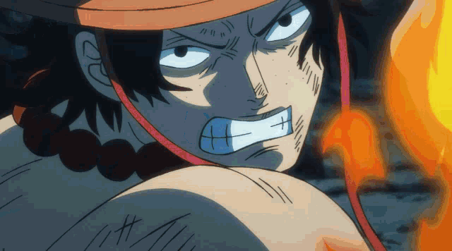 a close up of a cartoon character 's face with a flame in the background