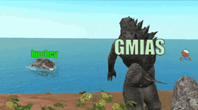 a cartoon of a monster named gmias standing on a beach