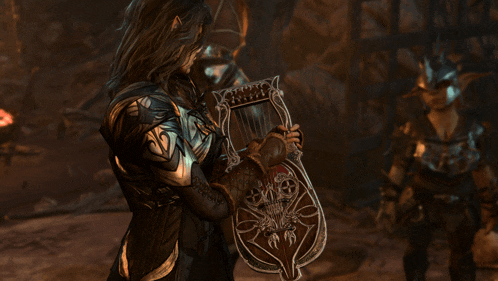 a man in armor is holding a lyre in his hands