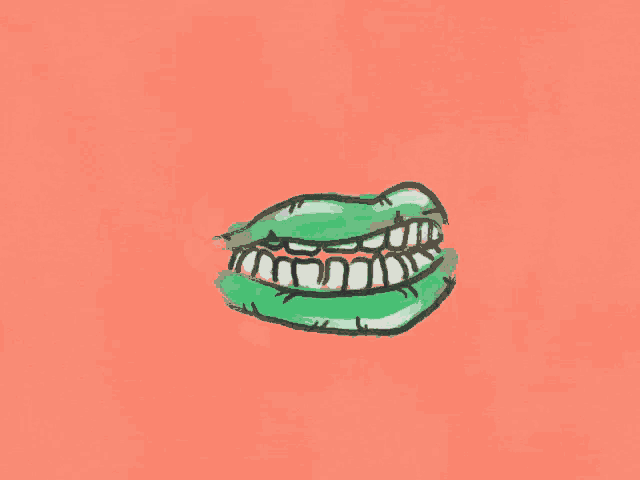 a drawing of a green mouth with white teeth on a black background