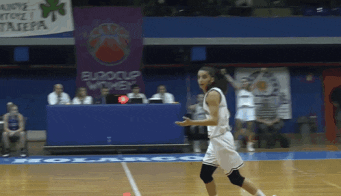 a basketball player on a court with a sign that says eurocup women behind him