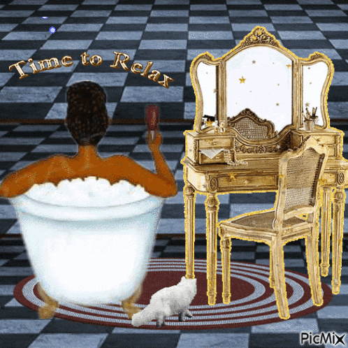 a picture of a woman in a bathtub with the words time to relax on the bottom