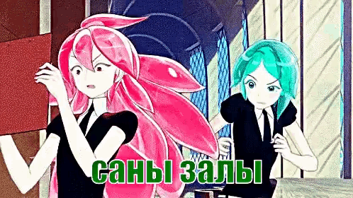 a cartoon of a girl with pink hair and a green haired girl with the words canbi zalbi on the bottom