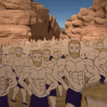 a cartoon of a group of bearded men standing in the desert