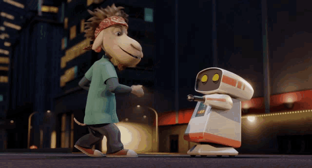 a cartoon character walking next to a robot