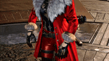 a person wearing a red coat with a fur trim