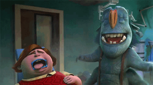 a cartoon character with a blue tongue sticking out