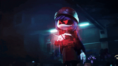 a cartoon character is standing in a dark room surrounded by red lasers