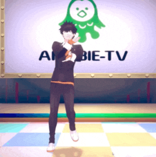 a person is dancing in front of a sign that says abbie-tv