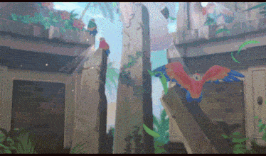 a cartoon drawing of a parrot sitting on a stone