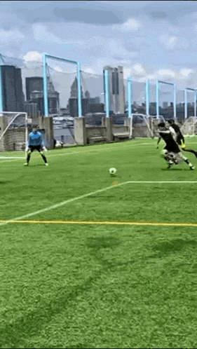 a group of soccer players are playing a game on a field with a city in the background .