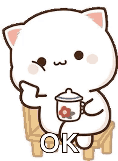 a cartoon cat is sitting on a chair holding a cup of tea and saying `` ok '' .
