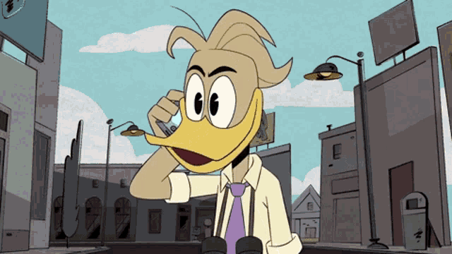 a cartoon duck is talking on a cell phone while holding binoculars