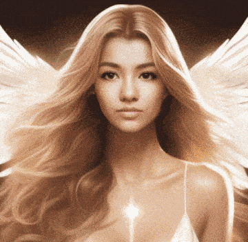a woman with long blonde hair and white wings