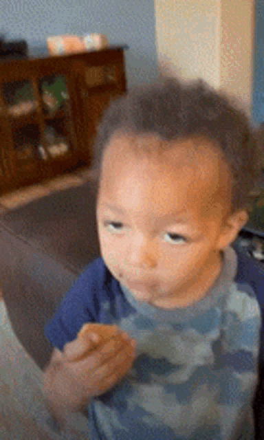a little boy in a blue shirt is eating something