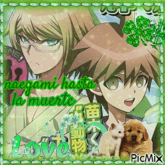 a picture of two anime characters with the words love written in green