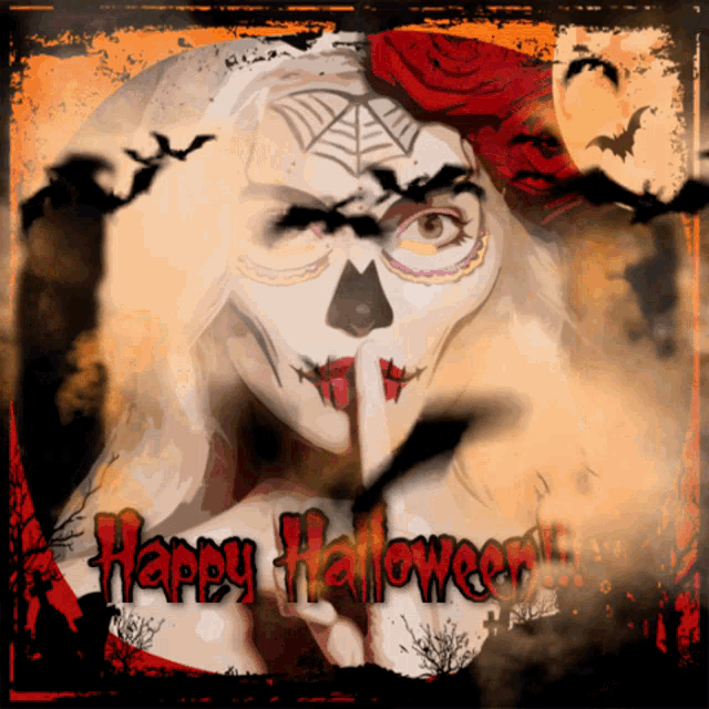 a picture of a woman with sugar skull makeup and the words happy halloween on the bottom