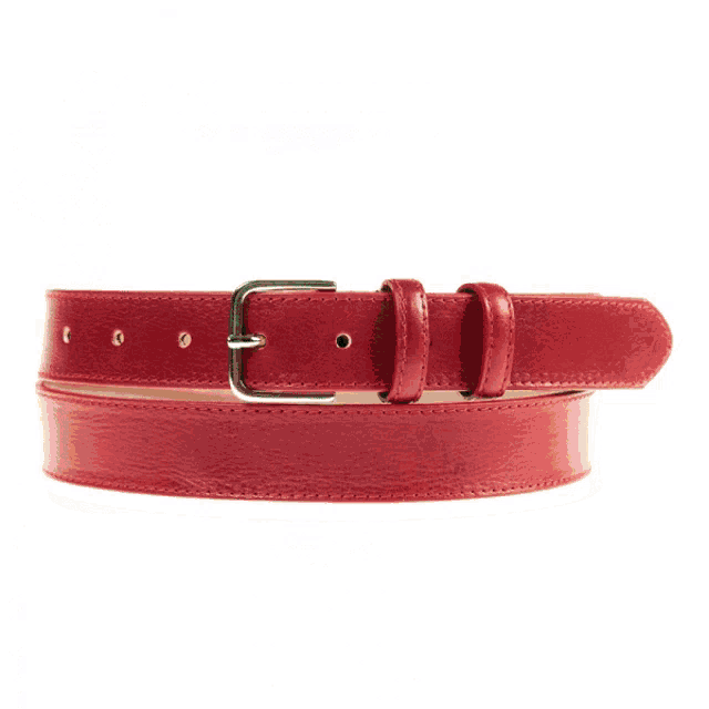 a red leather belt with a silver buckle is shown on a white background