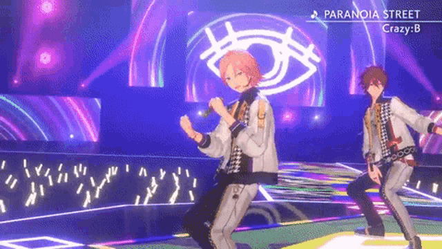two anime characters are dancing on a stage with the words paranoia street crazy b written above them
