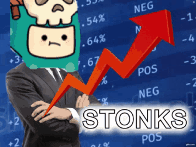 a man in a suit with a skull on his head stands in front of a graph that says stonks