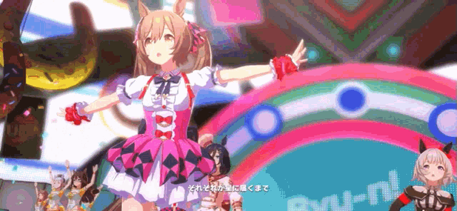 a girl in a pink dress is standing in front of a rainbow and a sign that says ryu-nl
