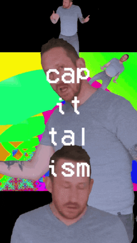 a man in a gray shirt is standing in front of a colorful background with the words cap it tall isn
