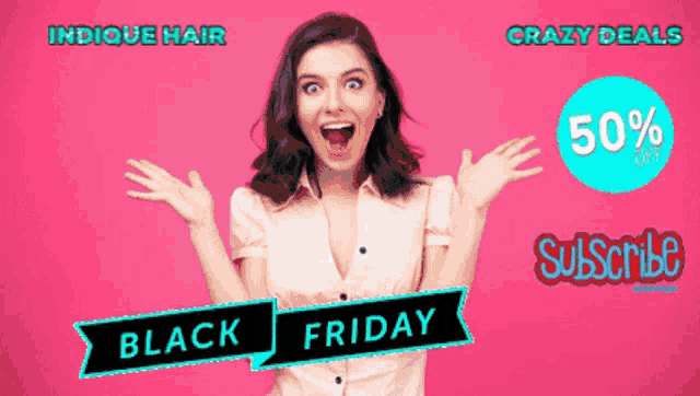 a woman stands in front of a pink background with black friday written on it