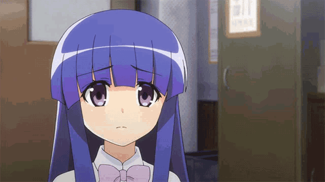 a girl with purple hair is standing in front of a cabinet with a sign that says open