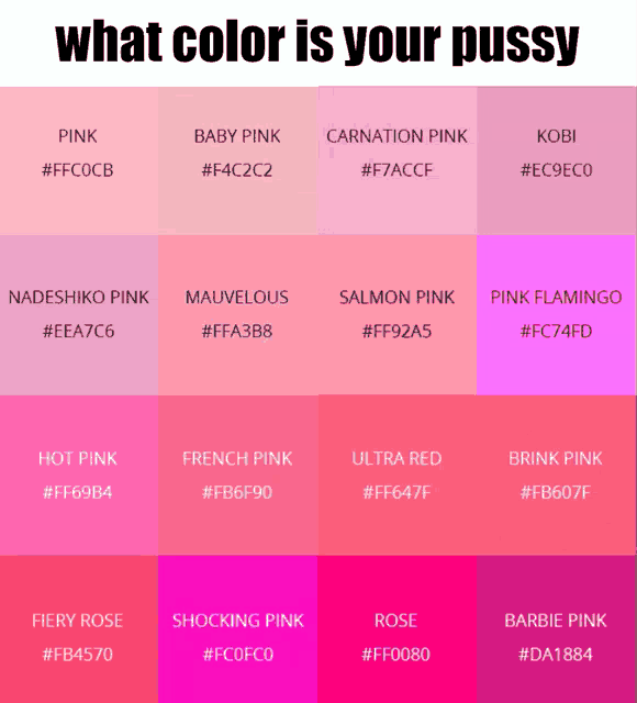 a grid of pink shades with the words what color is your pussy