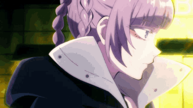 a close up of a girl with purple hair wearing a black jacket