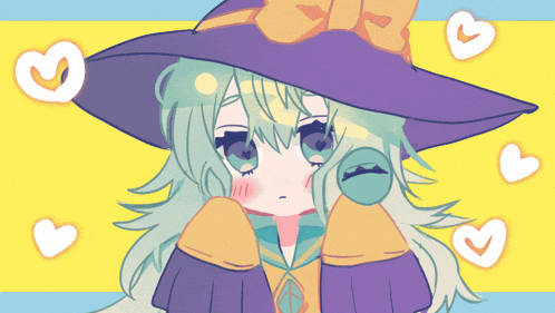 a drawing of a girl with green hair wearing a purple hat