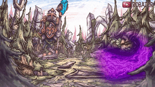 a cartoon drawing of a forest with a robator logo in the upper right corner