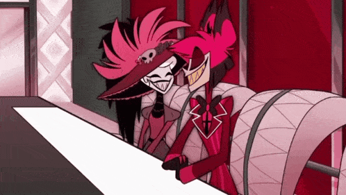 a couple of cartoon characters standing next to each other with one wearing a hat with skulls on it