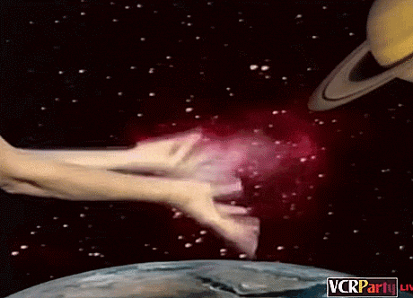 a person 's hands are reaching out towards a planet with the words vcrparty written on the bottom right