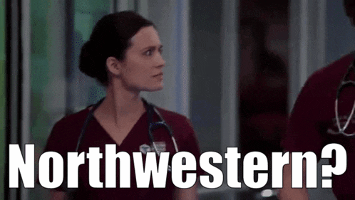 a woman with a stethoscope around her neck is standing next to a man and says northwestern .