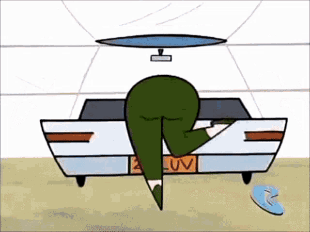 a cartoon character is standing next to a car with a license plate that says uv .