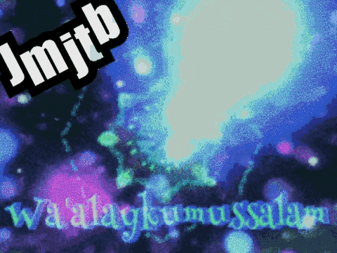 a blue and purple background with the words waalaikumussalam written on it