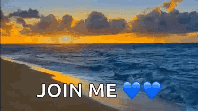 a picture of a beach with the words " join me " on it