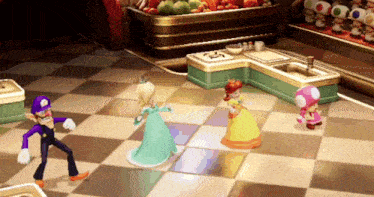 a group of cartoon characters are dancing on a checkered floor in a video game
