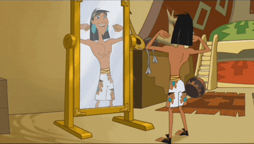 a cartoon character is looking at his reflection in a mirror