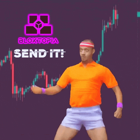 a man in an orange shirt and white shorts is dancing in front of a chart that says bloktopia sssendit