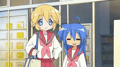 two anime girls standing next to each other in front of a bookshelf
